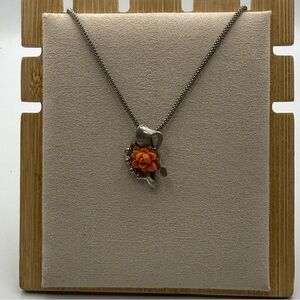 Silver tone Necklace with Orange Flower Pendant